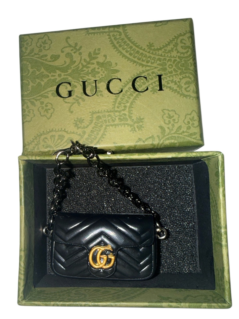Mini Black Quilted Bag Charm Gold Tone Chain Purse Keychain